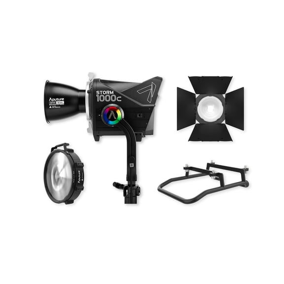Aputure Storm 1000c Point-Source Fixture Bundle with Wide Reflector, CF12 Fresnel with Bowens Mount, CF12 8-Leaf Barn Doors, and Stainless-Steel Skid (4 Items)