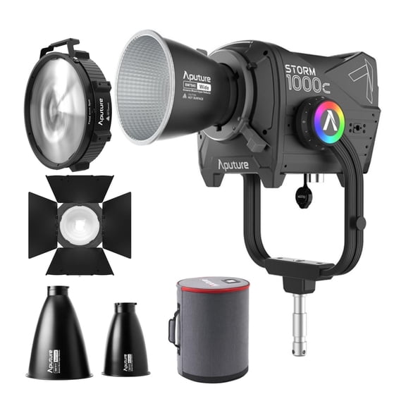 Aputure Storm 1000c Point-Source Fixture with Wide Hyper Reflector (Black) Bundle with 12-Inch Bowens Mount Black Fresnel, 1200x Reflector Kit, and CF12 Barn Doors (4 Items)