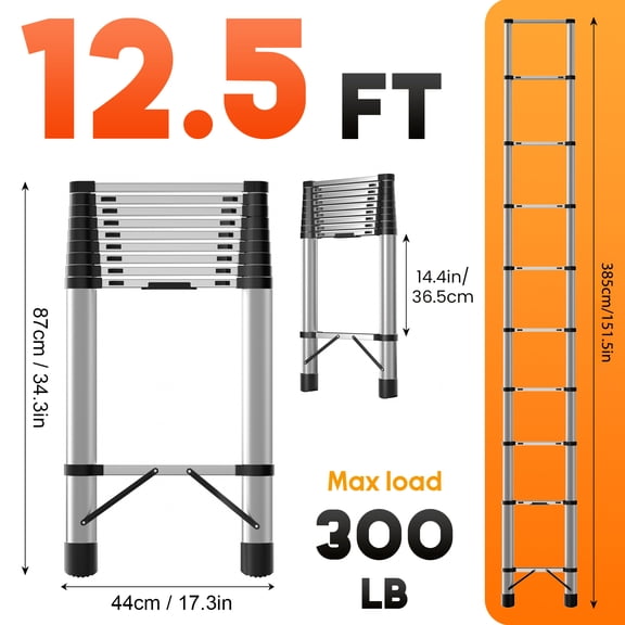 Aqmeifen 12.5ft Telescoping Ladder 330lbs Stainless Steel Telescopic Extension Ladder with 2 Triangle Stabilizers, Multi-purpose Collapsible Ladder for RV, Home or Outdoor Work