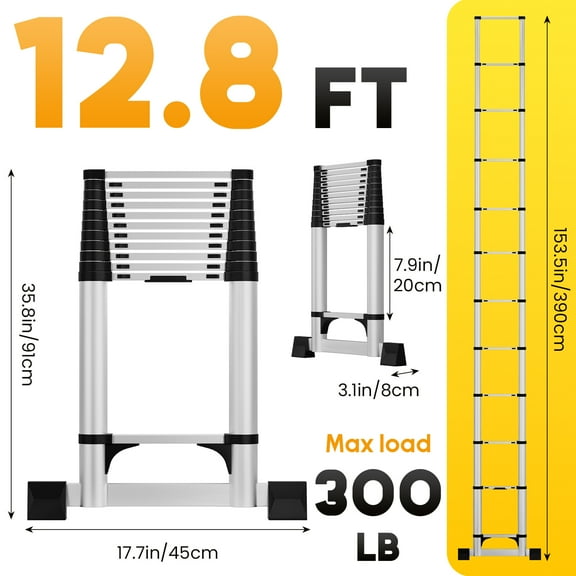 Aqmeifen 12.8ft Telescoping Ladder 330lbs Stainless Steel Telescopic Extension Ladder with 2 Triangle Stabilizers, Multi-purpose Collapsible Ladder for RV, Home or Outdoor Work