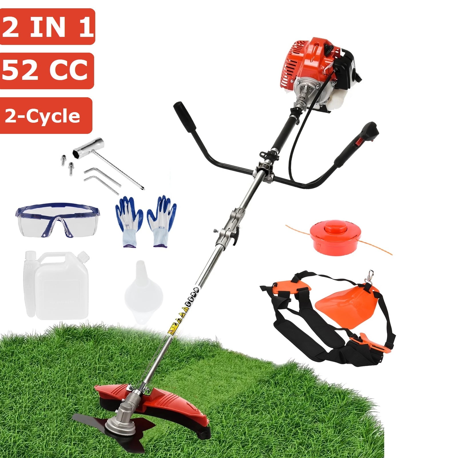 Aqmeifen 52CC Grass Trimmer 2-Cycle Cordless Gas String Trimmer & Edger 2 in 1 Weed Wacker Kit with Shoulder Strap (Red)