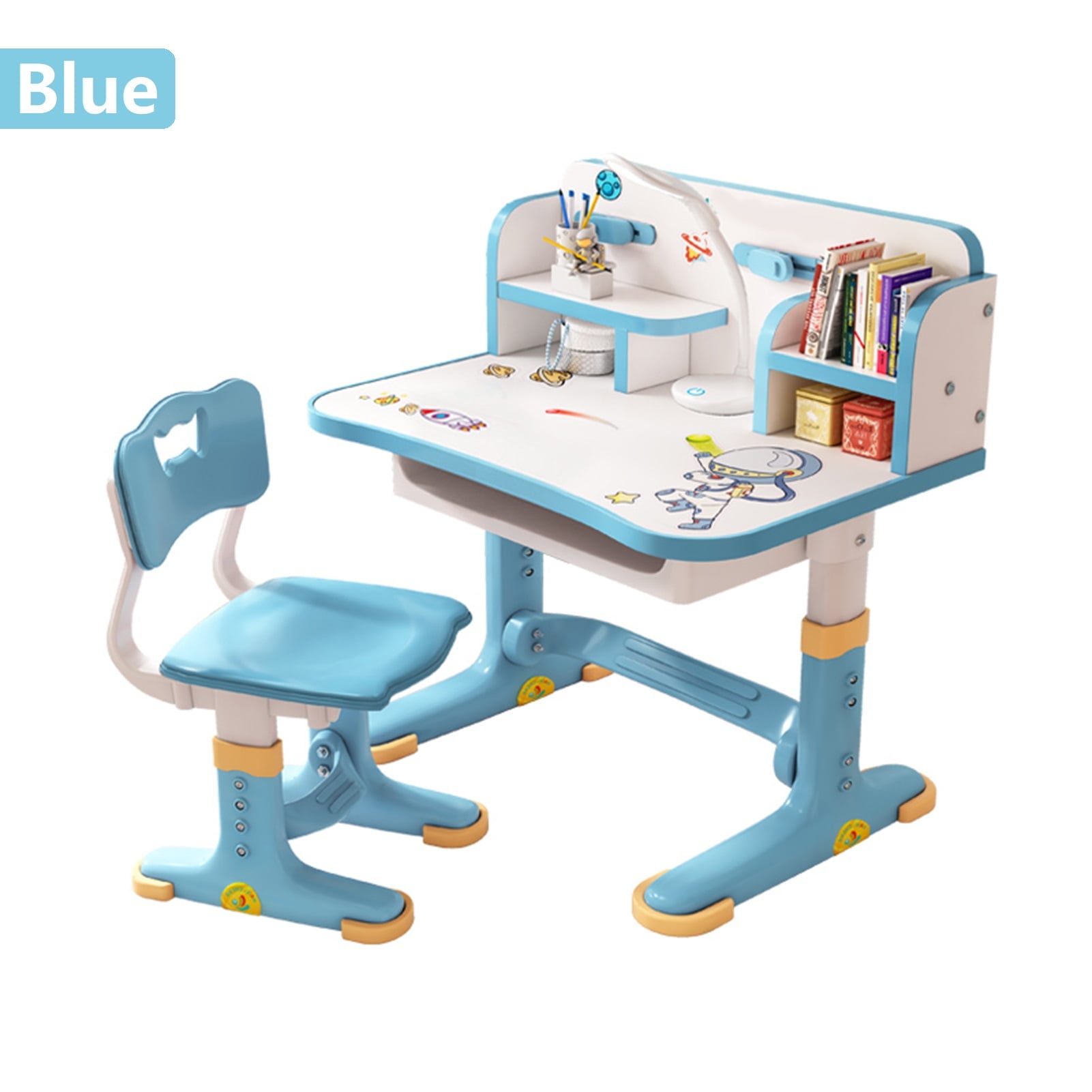 Aqmeifen Kids Desk Chair Set Height Adjustable Children School Study Table Student Desk with Wide Desktop & Drawer for Boys Girls Blue