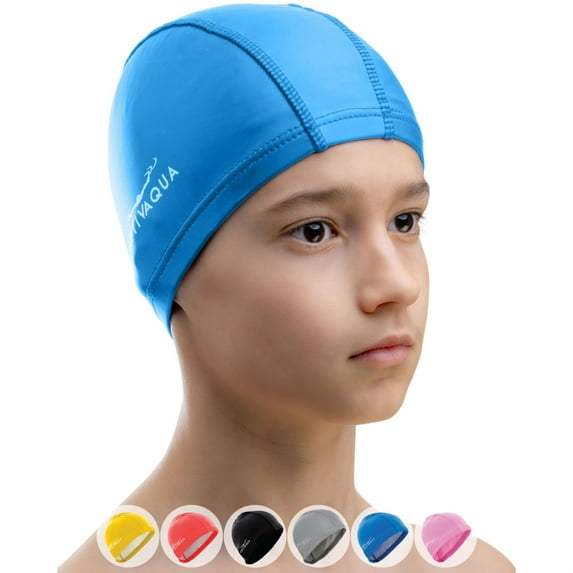 AqtivAqua Swim Cap for Kids 6-14 Swim Cap Kids Swimming Cap Girls Boys Youth Hat (Blue Color, Kids Size)