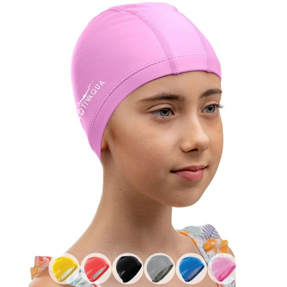AqtivAqua Swim Cap for Kids 6-14 Swim Cap Kids Swimming Cap Girls Boys Youth Hat (Pink Color, Kids Size)