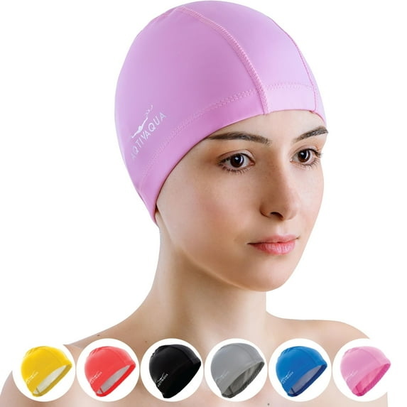 AqtivAqua Swimming Caps for Women Swim Cap Men Adult Kids Girls Boys Youth Hat (Pink Color, Adult Size)