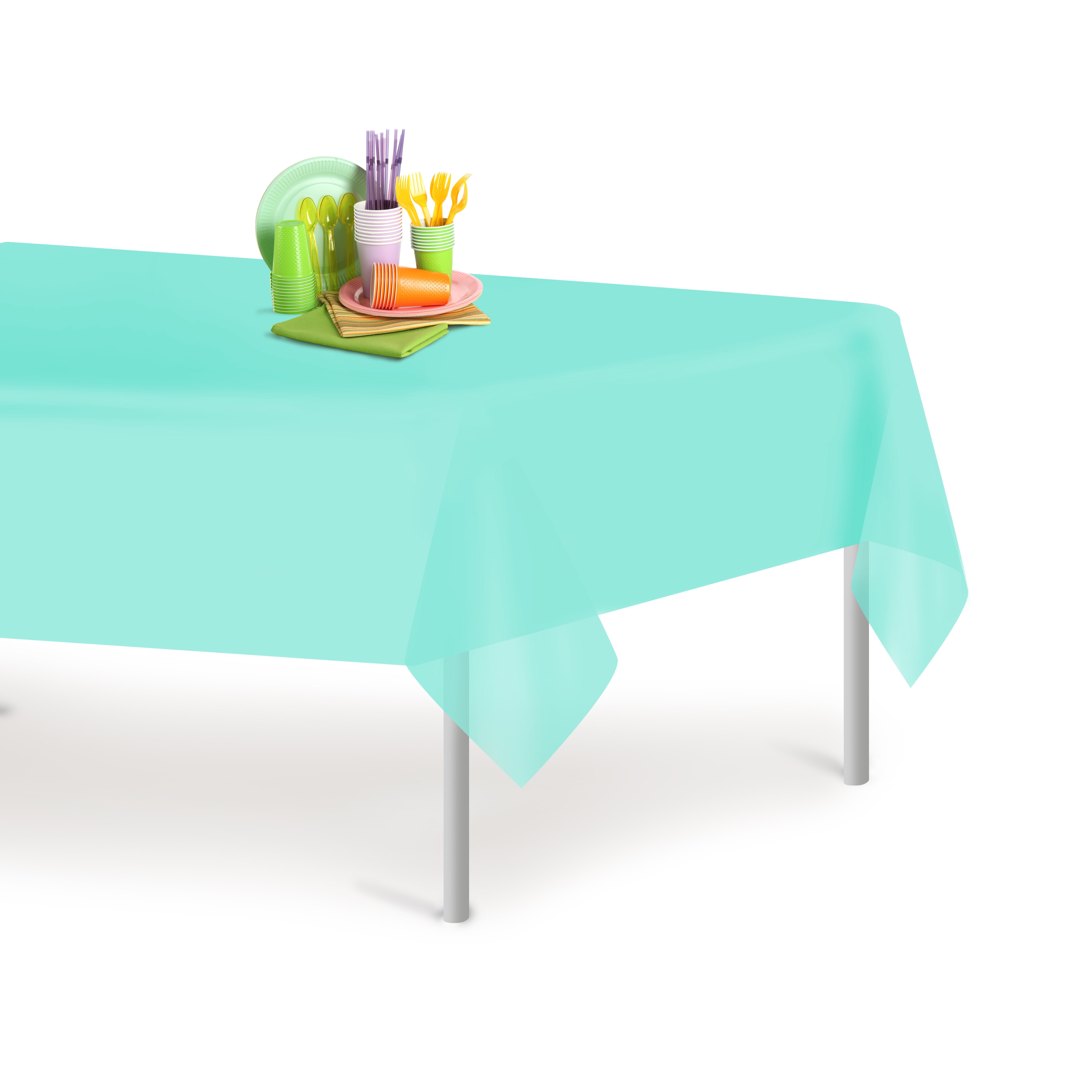 Aqua Glossy Rectangular Disposable Plastic Tablecloth Set