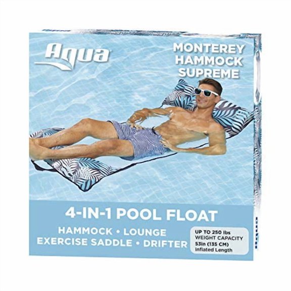 Aqua LEISURE Supreme Soft Resort Quality Monterey Hammock, 4-in-1 Multi-Purpose Inflatable Pool Float (Saddle, Lounge Chair, Hammock, Drifter), Soft AirMesh Fabric, Blue Fern (AZL18904Z)
