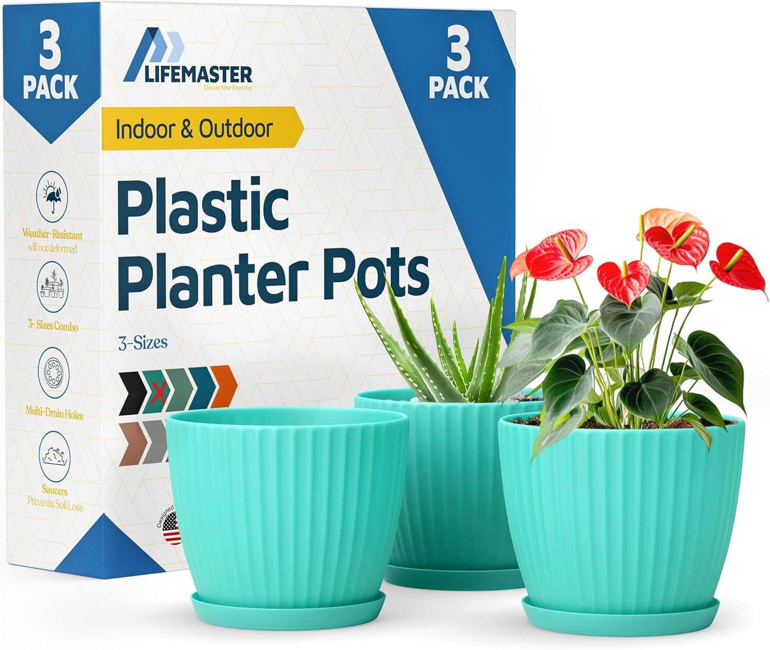Aqua 6-Inch Plant Pots with Drainage & Saucers 3 Pack, Indoor & Outdoor Planters for Houseplants, Herbs, and Flowers, Durable & Weatherproof Material, Stackable, Lightweight, Minimalist Design