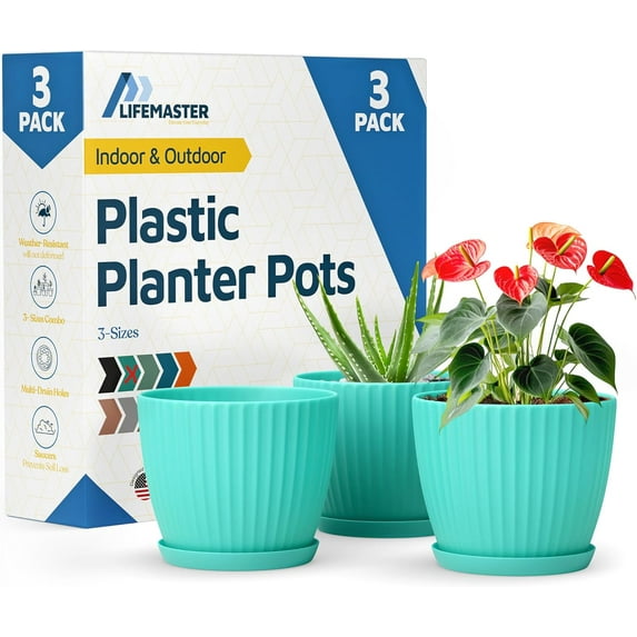 Aqua 6-Inch Plant Pots with Drainage & Saucers 3 Pack, Indoor & Outdoor Planters for Houseplants, Herbs, and Flowers, Durable & Weatherproof Material, Stackable, Lightweight, Minimalist Design