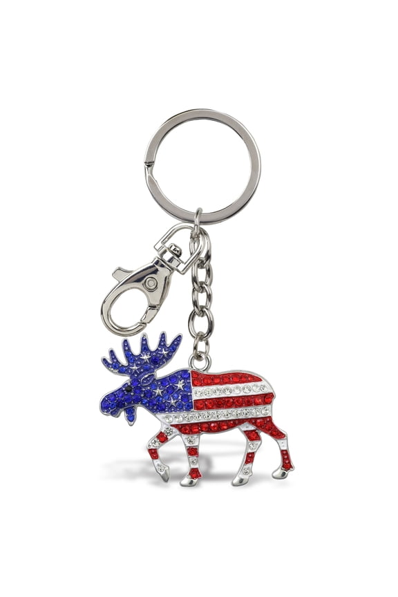 Aqua 79 Gold USA Flag Moose Keychain - Sparkling American Flag Moose Charm with Rhinestone Crystals and Lobster Clasp, Trendy Accessories for Backpacks, Handbags, Purse - 4 Inches