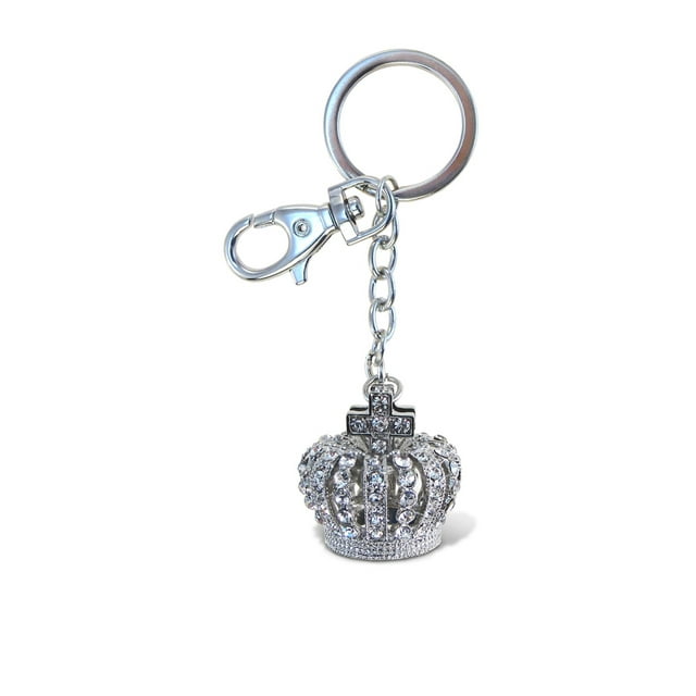 Aqua 79 Sparkly Crown Keychain Charm Silver 3D Rhinestone Keychain