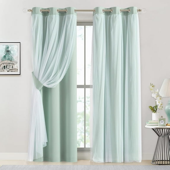 Aqua 80% Blackout Curtains with Sheer Overlay Mix and Match Double Layer Thermal Insulated Window Panels 84 inch for Living Room Bedroom Mint Green Drapes with Tiebacks Grommet Top 37"Wx84"Lx2