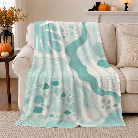 Aqua Abstract Sea Shapes with White Waves and Pebbles, Playful Coastal Motif for Beach Lovers, Birthday Gift, Soft Flannel Blanket for Beach House and Reading Nook, Coastal Home Decor