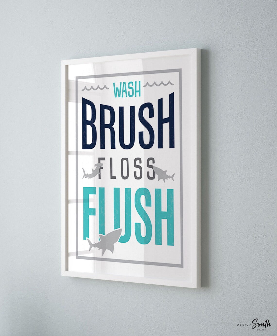 Shark Project Drawings Aqua And Navy Shark Wall Art Print, Wash Brush Floss Flush Bathroom ...