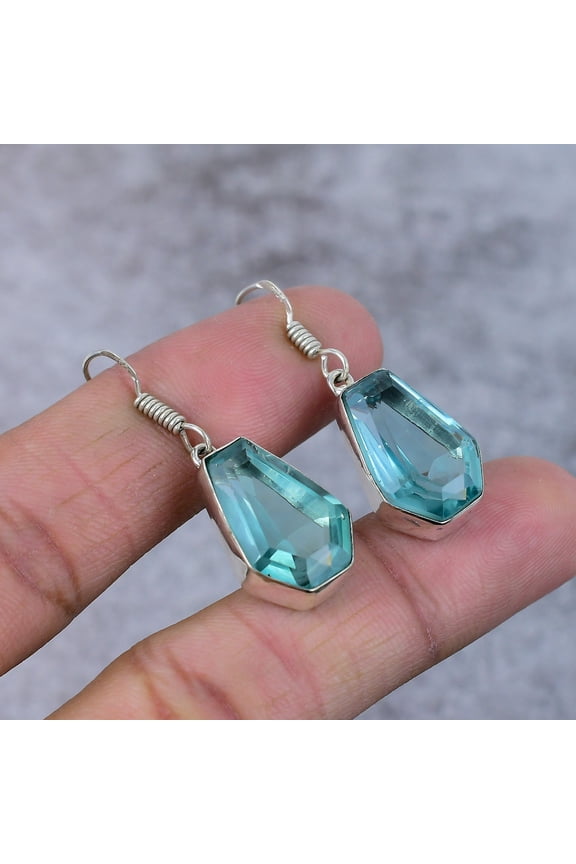 Aqua Apatite Gemstone Handmade 925 Sterling Silver Jewelry Earring 1.58"