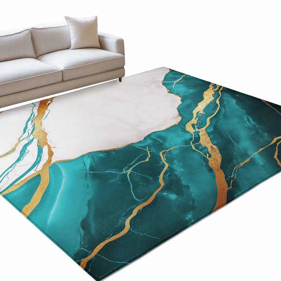 Aqua Area Rug, Marble Texture Non-Slip Felt Rubber Backing Rectangle Indoor Carpet Washable Rugs for Living Room Bedroom 9x12