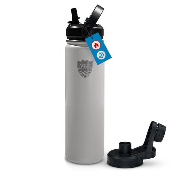 Aqua Armour 22oz To-Go Stainless Steel Water Bottle - Double Walled Insulation Keeps Drinks Cold - BPA Free - Reusable Metal Bottles for School & Sports Hydration - 2 Lids (1 Straw Lid) - Grey