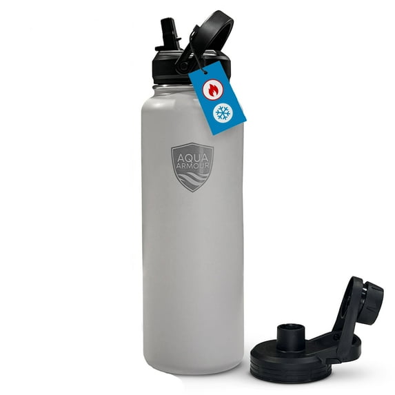 Aqua Armour 40oz Stainless Steel Sports Water Bottle - Double Walled Insulation Keeps Drinks Cold - BPA Free - Reusable Metal Bottles for Gym & Outdoors Hydration - 2 Lids (1 Straw Lid) - Grey