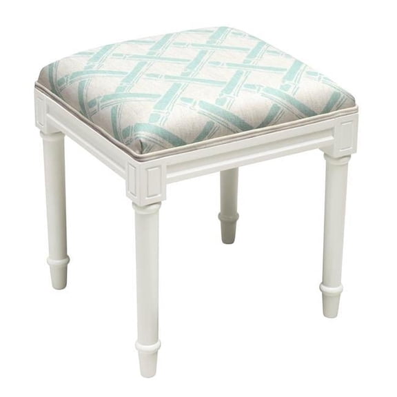 Aqua Bamboo Trellis Upholstered Wooden Vanity Stool, White