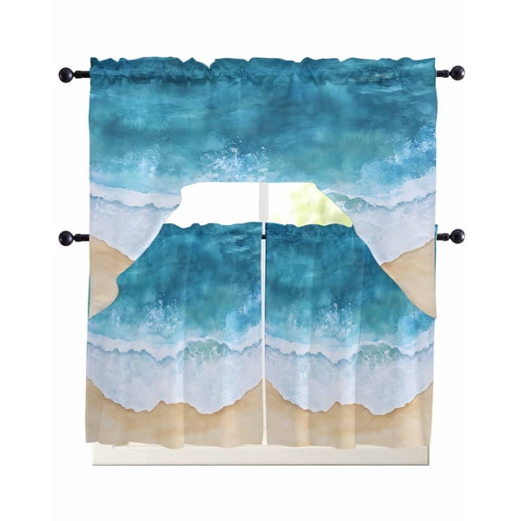 Aqua Beach Coastal Kitchen Curtains Set for Windows 3 Piece Cafe Curtains 36 Inch Length Swag Curtains Valances and Tier Set Nautical Summer Seaside Ocean Drapes for Bedroom Bathroom Living Room