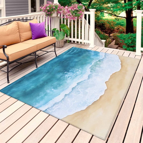 Aqua Beach Coastal Outdoor Rug for Patio/Deck/Porch, Non-Slip Large Area Rug 6 x 9 Ft, Nautical Summer Seaside Ocean Indoor Outdoor Rugs Washable Area Rugs, Reversible Camping Rug Carpet Runner