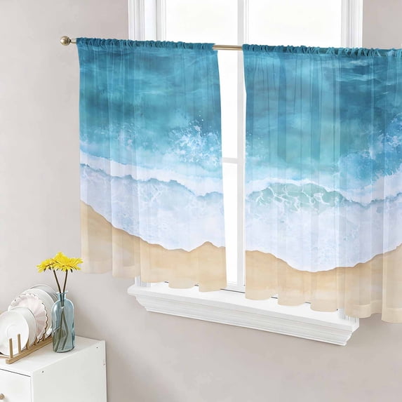 Aqua Beach Coastal Sheer Curtains 54 Inch Length 2 Panels Set, Nautical Summer Seaside Ocean Voile Window Treatment Rod Pocket Short Kitchen Curtains Drapes for Bedroom 52"x54"x2