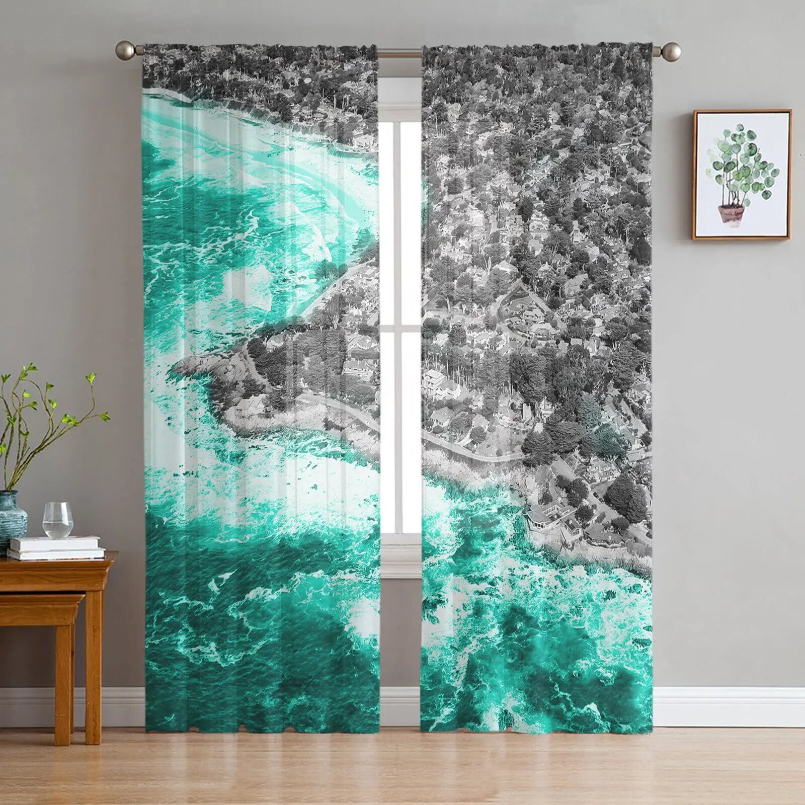 Aqua Beach Landscape Tulle Curtain Home Office Window r Bedroom Kitchen