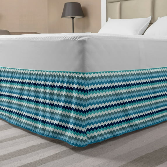 Aqua Bed Skirt, Retro Vintage Chevron Geometrical Zig Zag Stripes, Elastic Bedskirt Dust Ruffle Wrap Around for Bedding Decor, 4 Sizes, Pale Blue Navy Blue, by Ambesonne