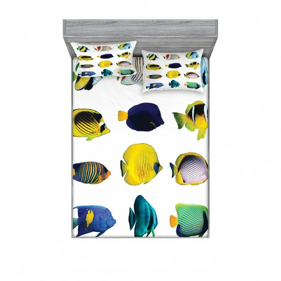 Aqua Bedding Set with Sheet & Covers, Tropical Fish Animal with Zebrasoma Anemonefish Dive Nemo Aquatic Life Theme, Printed Bedroom Decor 2 Shams, 4 Sizes, Multicolor, by Ambesonne
