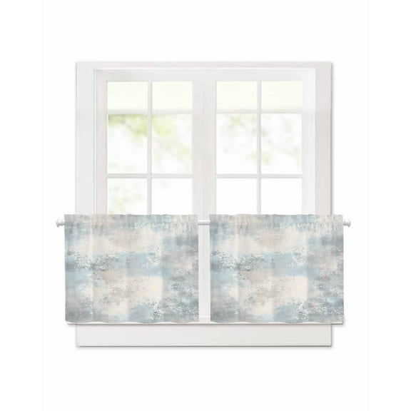 Aqua Beige Ombre Short Blackout Curtains 24 Inch Long Vintage Modern Abstract Rod Pocket Kitchen Curtains, 2 Panels Thermal Insulated Room Darkening Drapes for Bedroom, 30"W x 24"L