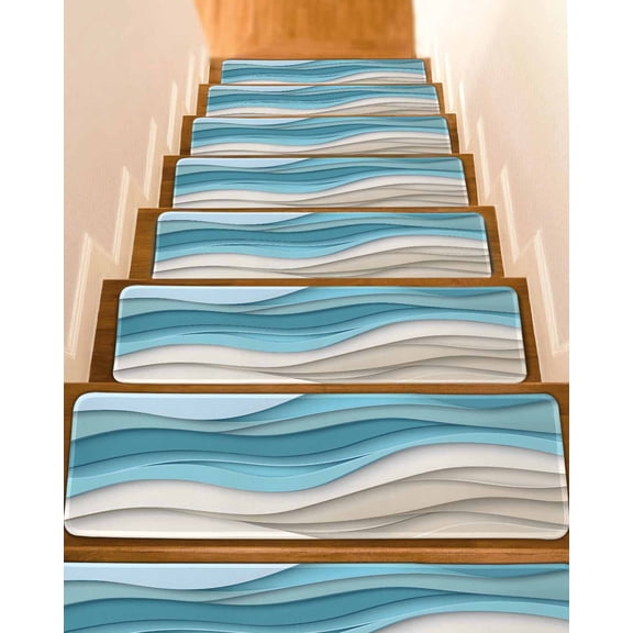 Aqua Beige Ombre Stair Treads for Wooden Steps Indoor Runner Rug Carpet, Modern Abstract Moire Art Geometric 4 Pieces Peel and Stick Staircase Step Treads Covers Washable Throw Door Mats, 30"x8"