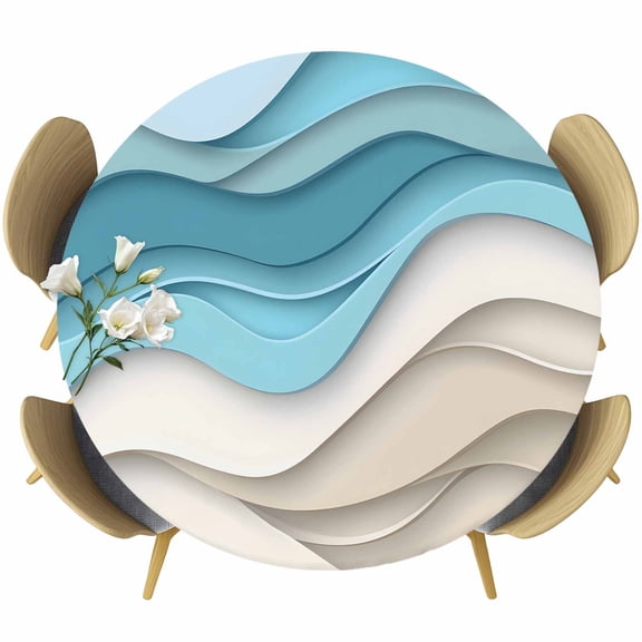 Aqua Beige Ombre Table Cloth, Round Fitted Tablecloths with Elastic Edge, Modern Abstract Moire Art Geometric Wipeable Waterproof Table Cover for Kitchen Wedding 36-44 Inches