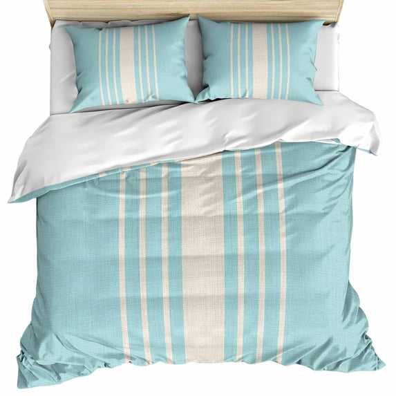 Aqua Beige Striped Bedding 3 Piece Duvet Cover Set Twin Size, Modern Farmhouse Retro Lines Soft Microfiber Comforter Cover with Zipper Closure & Pillowcases, Wrinkle & FadeResistant Quilt Cover
