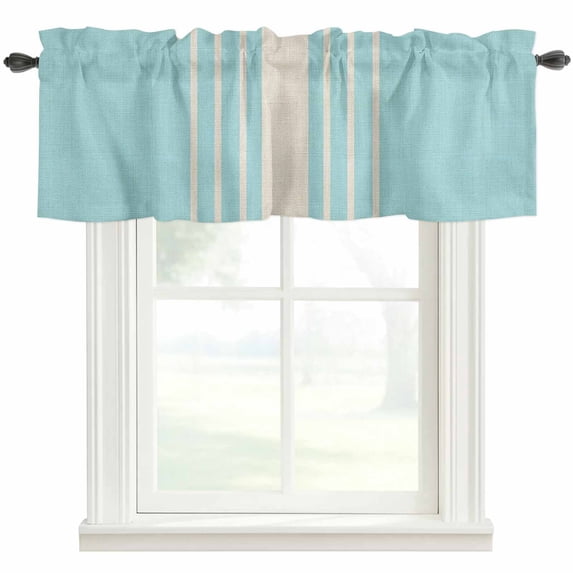 Aqua Beige Striped Farmhouse Short Window Curtain Valances, Modern Farmhouse Retro Lines Rod Pocket Kitchen Valances for Living Room Bedroom Bathroom Cafe 42" x 12"