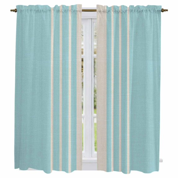 Aqua Beige Striped Kitchen Curtains, Modern Farmhouse Retro Lines Light Filtering Window Curtain Panels, 2Pcs Rod Pocket Window Treatments Set for Living Room Bathroom Bedroom 42x63 Inches