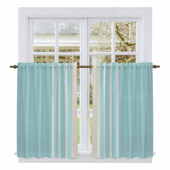 Aqua Beige Striped Kitchen Curtains, Modern Farmhouse Retro Lines Light Filtering Window Curtain Panels, 2Pcs Rod Pocket Window Treatments Set for RV Dining Room Study Room 42x54 Inches