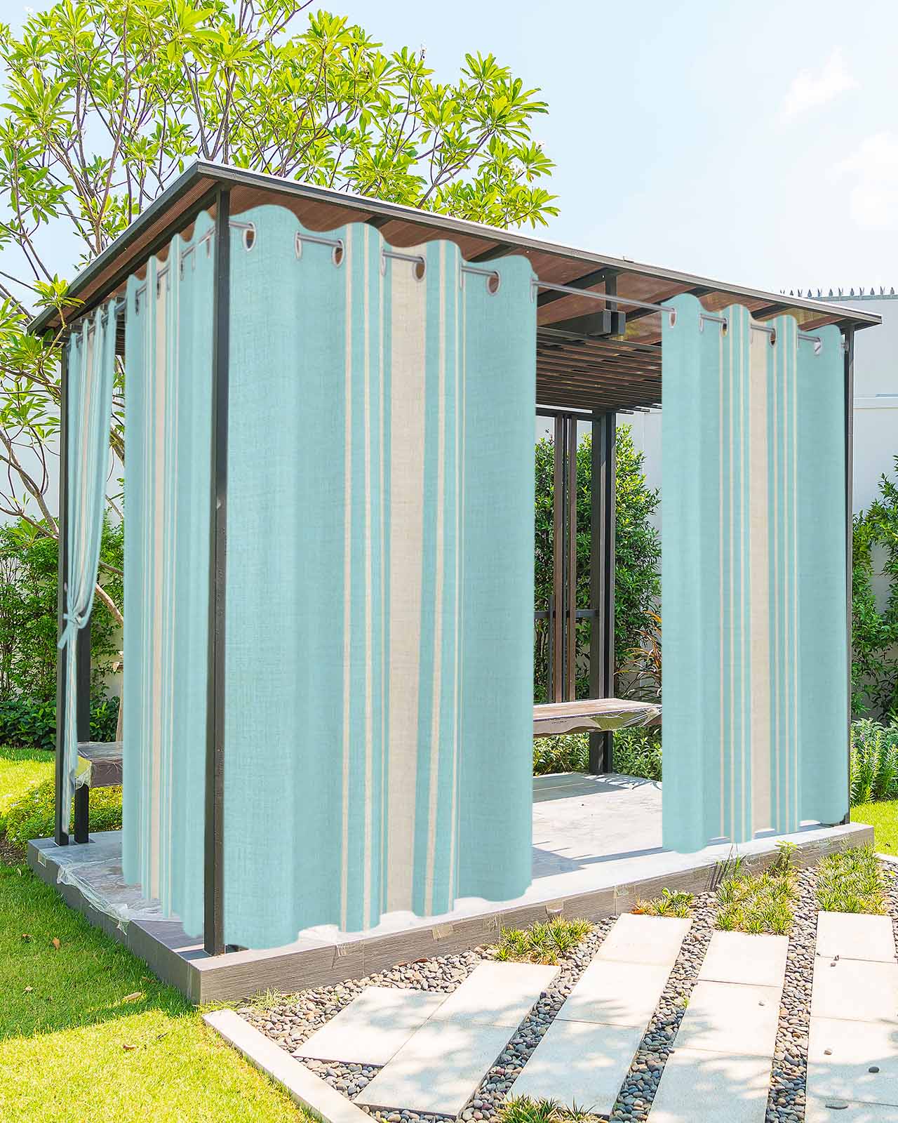 Aqua Beige Striped Outdoor Curtains for Patio, Modern Farmhouse Retro Lines Privacy Drapes Grommet Waterproof Outside Curtains for Porch/Cabana/Balcony 54"x 84", 2 Panel