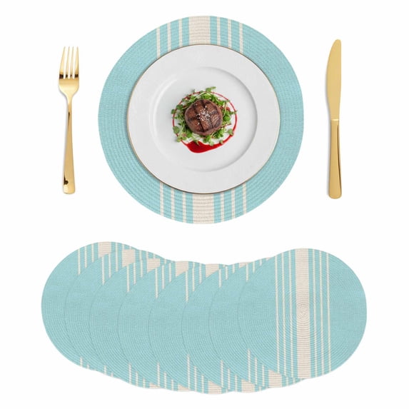 Aqua Beige Striped Round 13 Inch Placemats Set of 8, Modern Farmhouse Retro Lines HeatResistant Non Slip Place Mats for Dining Table, Wipeable Braided Kitchen Table Mats for Housewarming