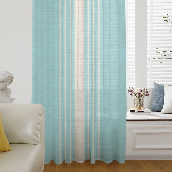 Aqua Beige Striped Sheer Curtains 54 Inch Length, Light Filtering Voile Curtain Panel, Modern Farmhouse Retro Lines Rod Pocket Drapes Window Treatments for Living Room Bedroom 52"x54"