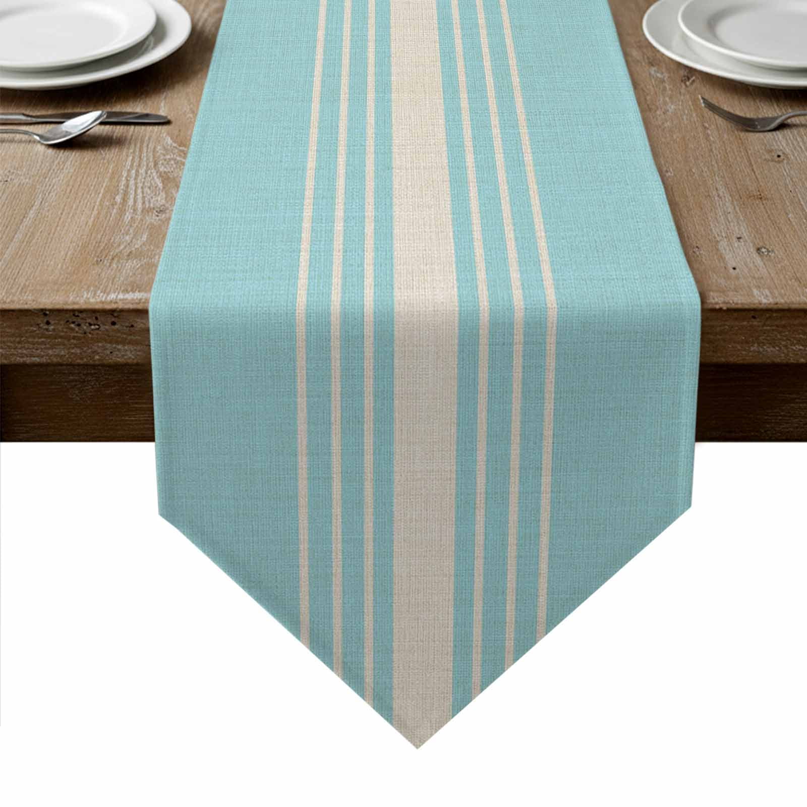 Aqua Beige Striped Table Runner Linen Burlap Table Runner 48 Inches Long Modern Farmhouse Retro Lines Dresser Scarves for Kitchen Island Coffee Dining Room Party Holiday Decoration 13"x48"