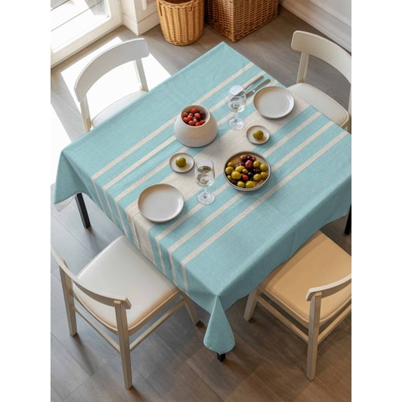 Aqua Beige Striped Tablecloth Square Table Cloth 54x54, Waterproof Outdoor Table Cloth Covers Decorative Table Protector, Modern Farmhouse Retro Lines Washable Table Cover for Kitchen Dinning Party