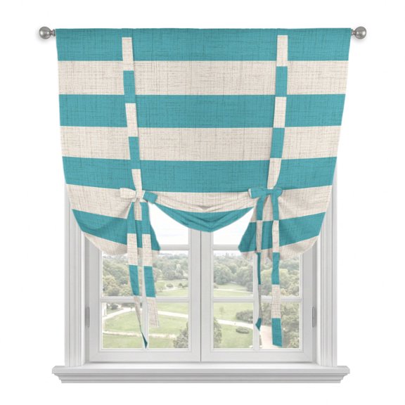 Aqua Beige Striped Tie Up Curtains 45 Inches Long, Kitchen Window Curtains Over Sink, Modern Burlap Texture Farmhouse Small Window Curtains Shade Balloon Curtains Valances for Bedroom/Cafe 34"x45"