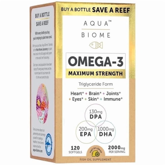 Enzymedica Aqua Biome Maximum Strength Fish Oil Complete Omega 3 Supplement DHA EPA DPA Gluten Free Non-GMO 120 Softgels, 60 Servings