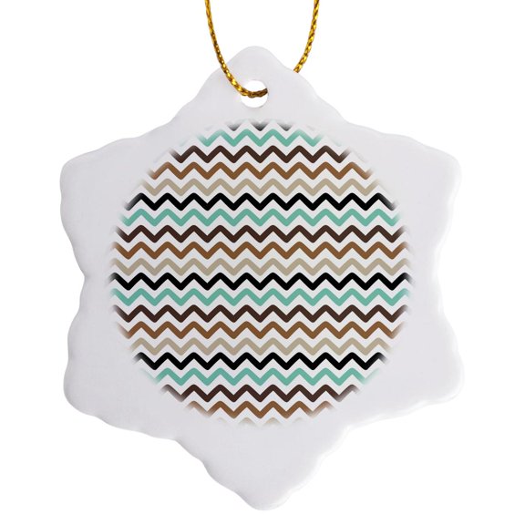 3drose, Aqua, Black, Brown, Beige, Wavy Chevron Stripes Pattern, 3 inch Snowflake Porcelain Ornament