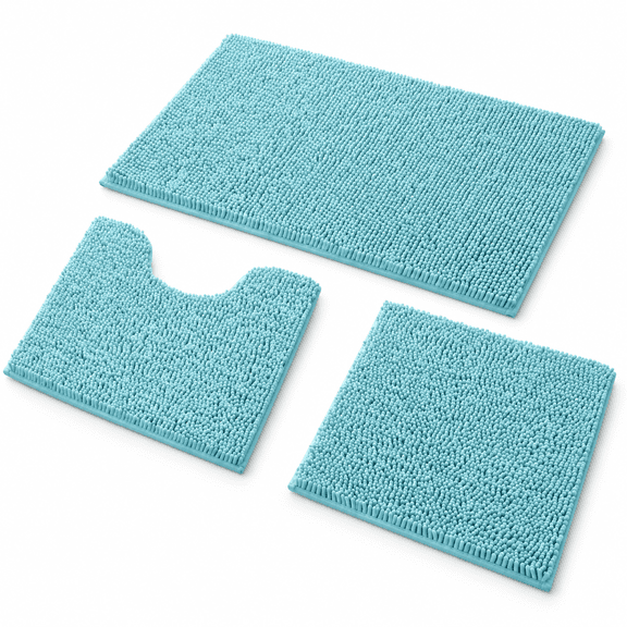 Aqua Blue 17"x24"+20"x32"+U Shape 20"x24" 3-Piece Chenille Bathroom Rug Set