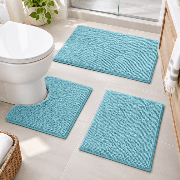 Aqua Blue 17"x24"+20"x32"+U Shape 20"x24" Chenille Bathroom Rug Set