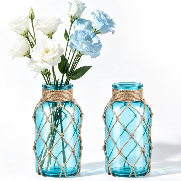 Aqua Blue 2-pack Glass Vase Boho Rope Nautical Decor