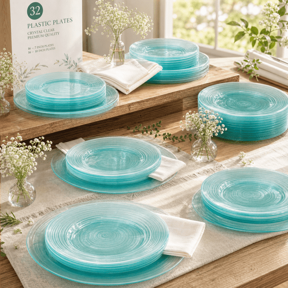 Aqua Blue 32 Count Disposable Plastic Party Plates