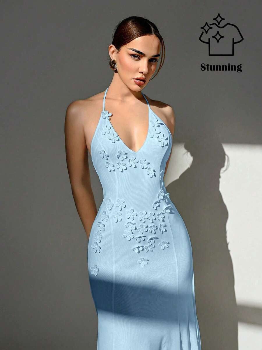 aqua blue backless dress 3D Floral Halter Deep V Neck Bodycon Maxi For Women Shell womens elegant black sequin COLOUR:Ditzy Floral All clothing and accessories