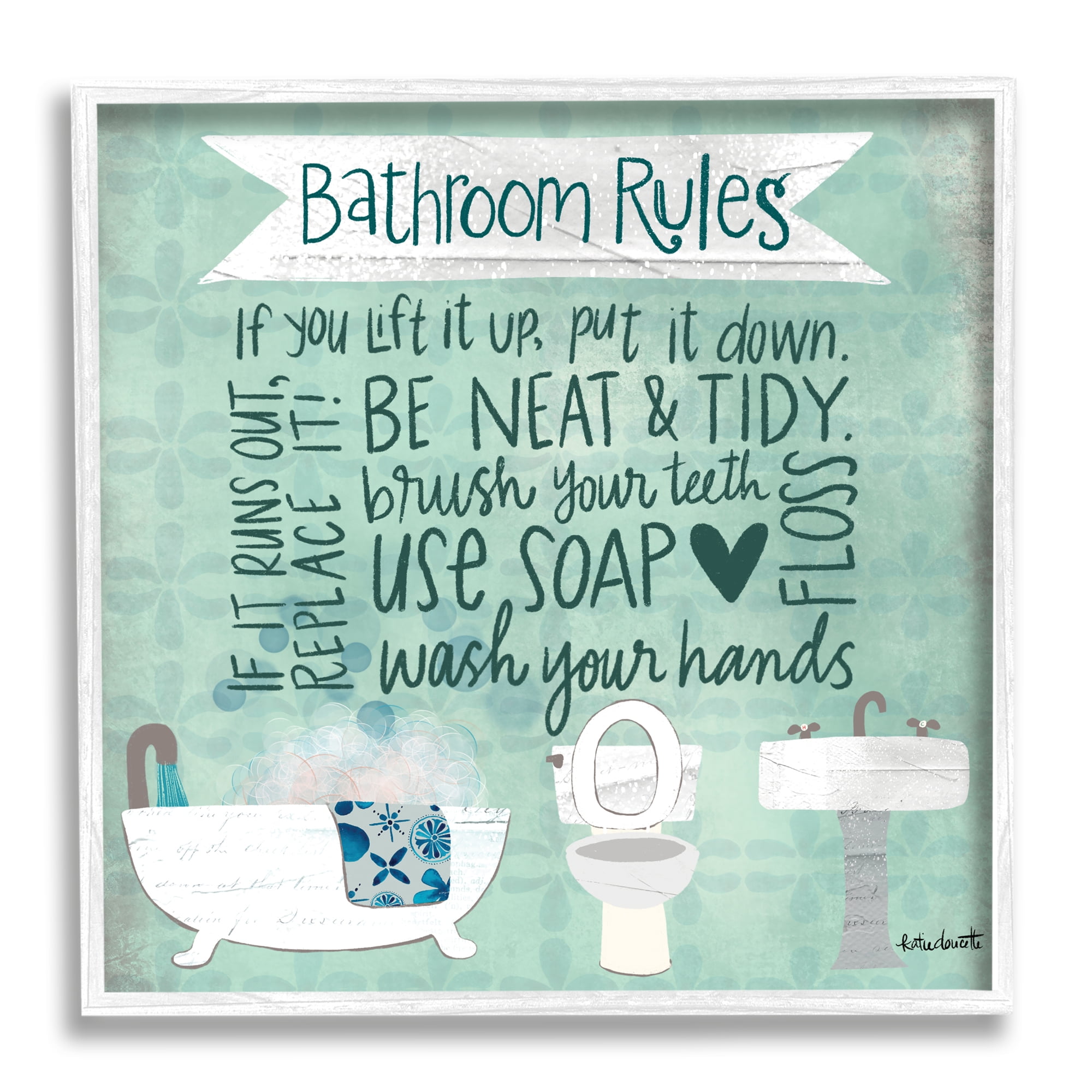 Aqua Blue Bathroom Rules Typography Print with White Frame